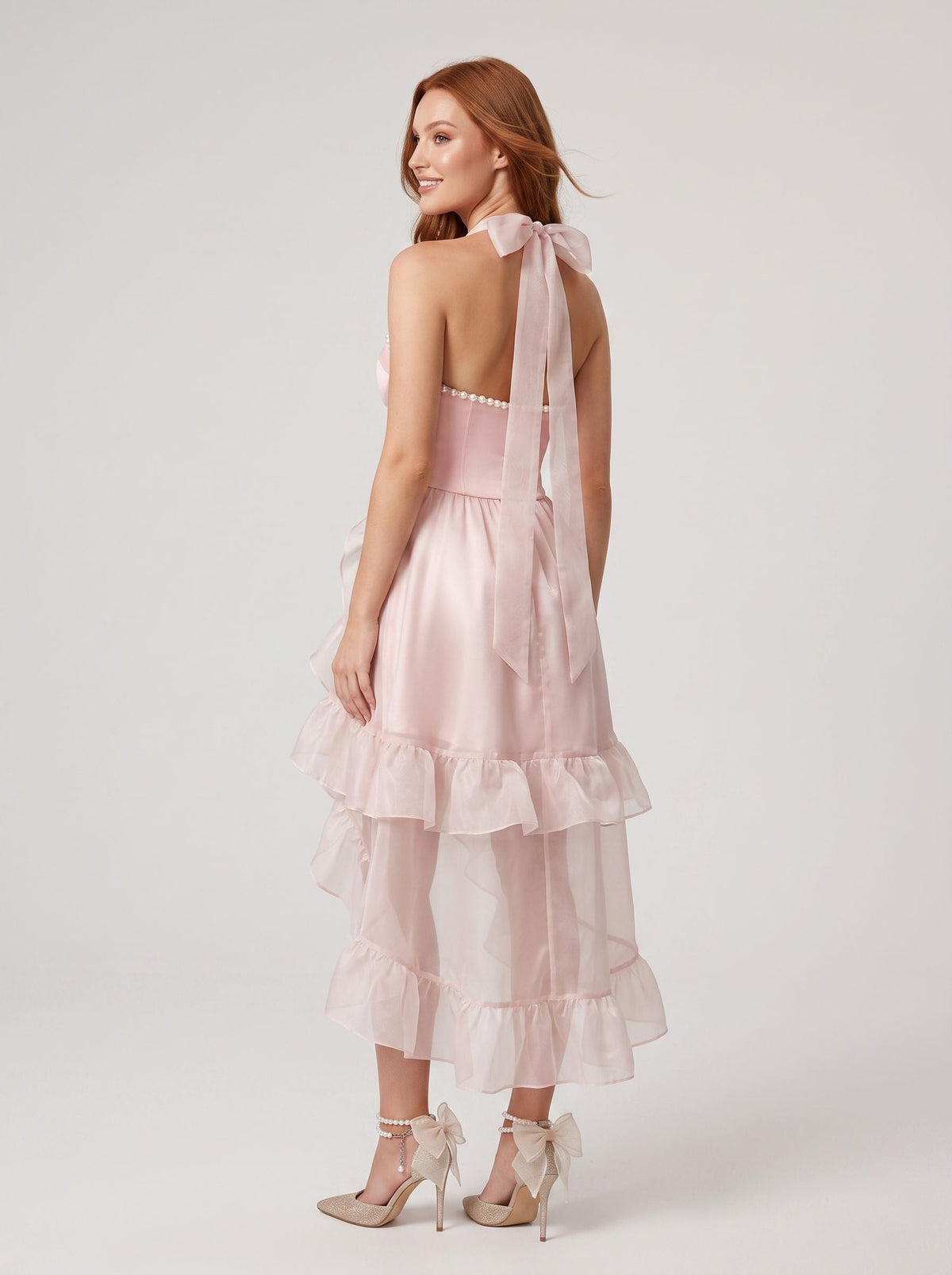 Pink Tulle A-Line Halter neckline Back Zip Asymmetrical Dress with Pearl-beaded Collar - Curvevia