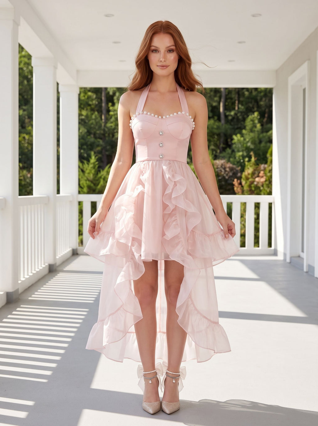 Pink Tulle A-Line Halter neckline Back Zip Asymmetrical Dress with Pearl-beaded Collar - Curvevia