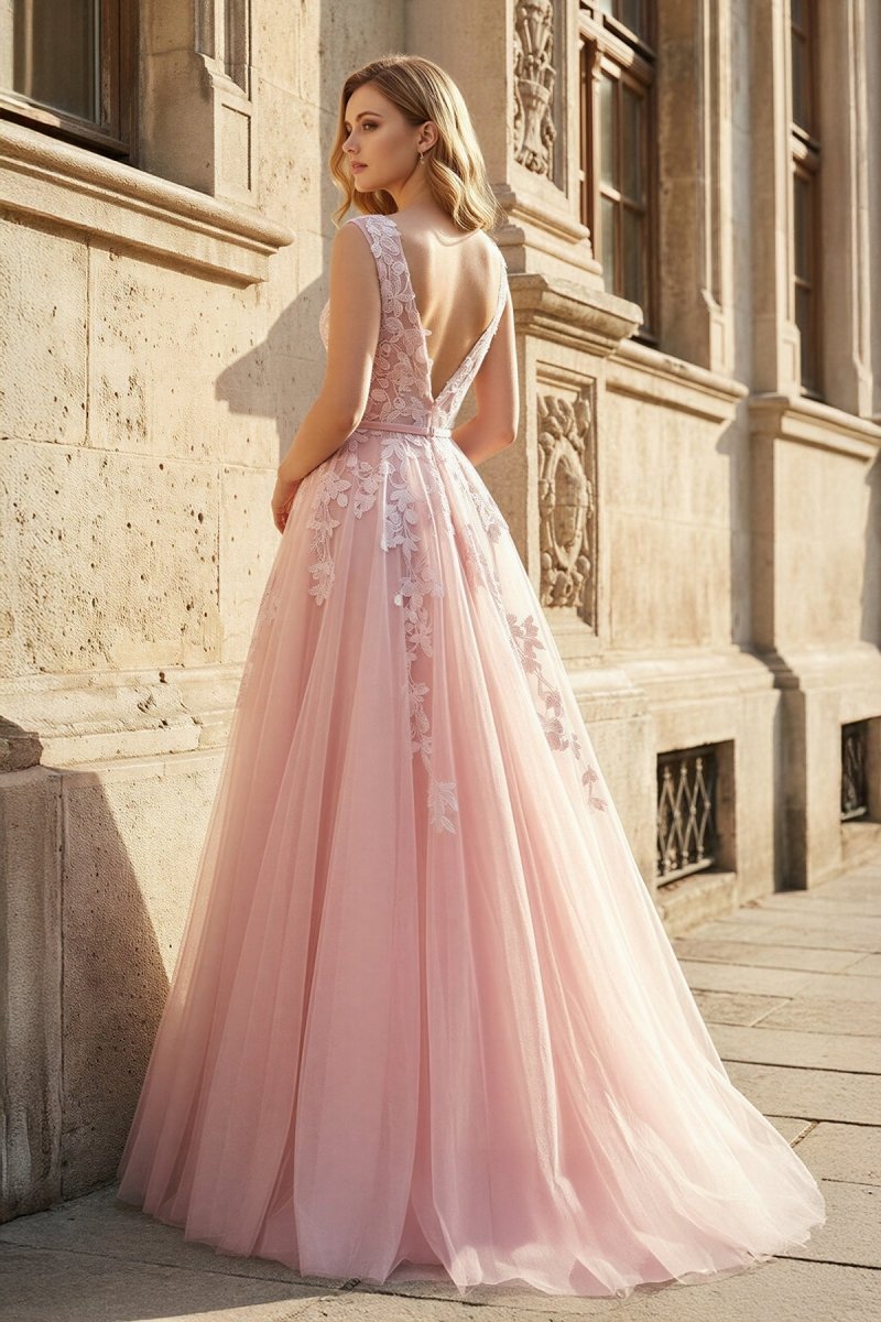 Pink Tulle Lace Long Wedding Guest Dress, Lovely A-Line Open Back Wedding Guest Dress - Curvevia