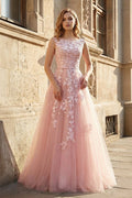 Pink Tulle Lace Long Wedding Guest Dress, Lovely A-Line Open Back Wedding Guest Dress - Curvevia