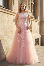 Pink Tulle Lace Long Wedding Guest Dress, Lovely A-Line Open Back Wedding Guest Dress - Curvevia