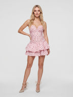 Pink Satin A-Line Sweetheart Back Zip Mini Dress with polka-dot tiered ruffled skirt - Curvevia