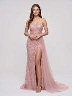 Pink Tulle Sheath Straight Neck Back Zip Floor-Length Dress with Ruched Bodice and High Slit - Curvevia