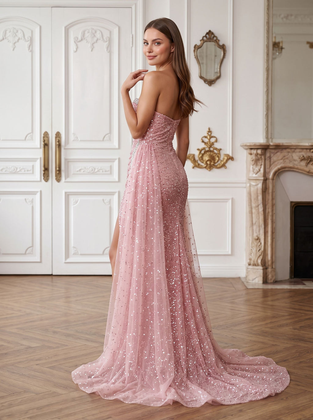 Pink Tulle Sheath Straight Neck Back Zip Floor-Length Dress with Ruched Bodice and High Slit - Curvevia