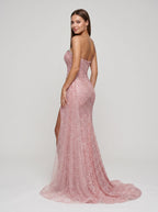 Pink Tulle Sheath Straight Neck Back Zip Floor-Length Dress with Ruched Bodice and High Slit - Curvevia