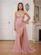 Pink Tulle Sheath Straight Neck Back Zip Floor-Length Dress with Ruched Bodice and High Slit - Curvevia
