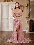Pink Tulle Sheath Straight Neck Back Zip Floor-Length Dress with Ruched Bodice and High Slit - Curvevia