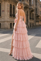 Sweetheart Light Blue Lace Appliques Ruffle Long Formal Gown - Curvevia