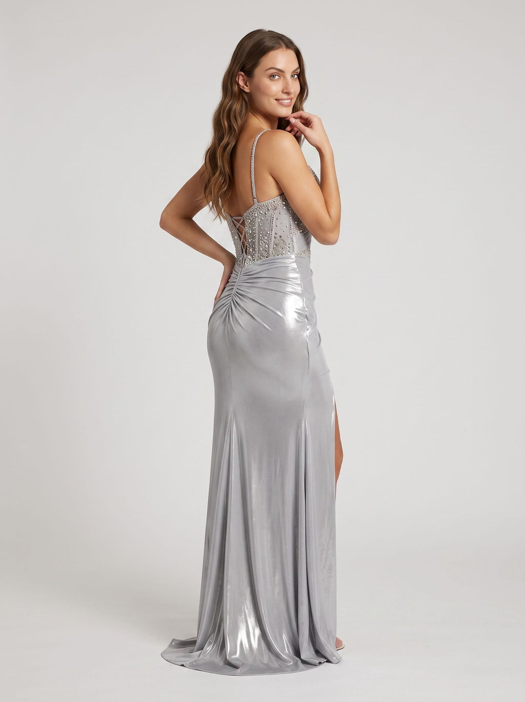 Silver Sequins Sheath Sweetheart Lace-up Floor-Length Dress with Side Slit - Curvevia