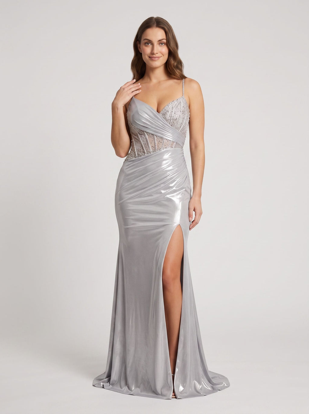 Silver Sequins Sheath Sweetheart Lace-up Floor-Length Dress with Side Slit - Curvevia