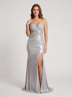 Silver Sequins Sheath Sweetheart Lace-up Floor-Length Dress with Side Slit - Curvevia