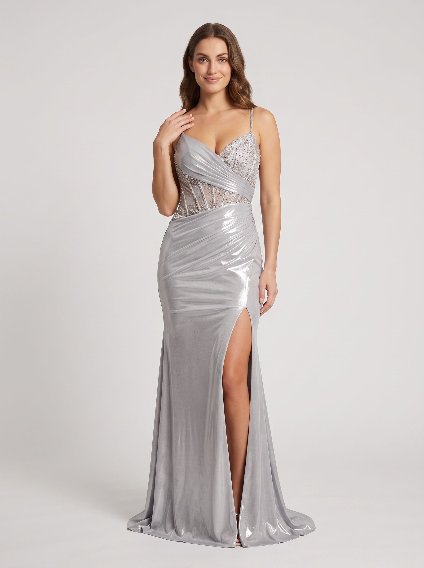 Silver Sequins Sheath Sweetheart Lace-up Floor-Length Dress with Side Slit - Curvevia