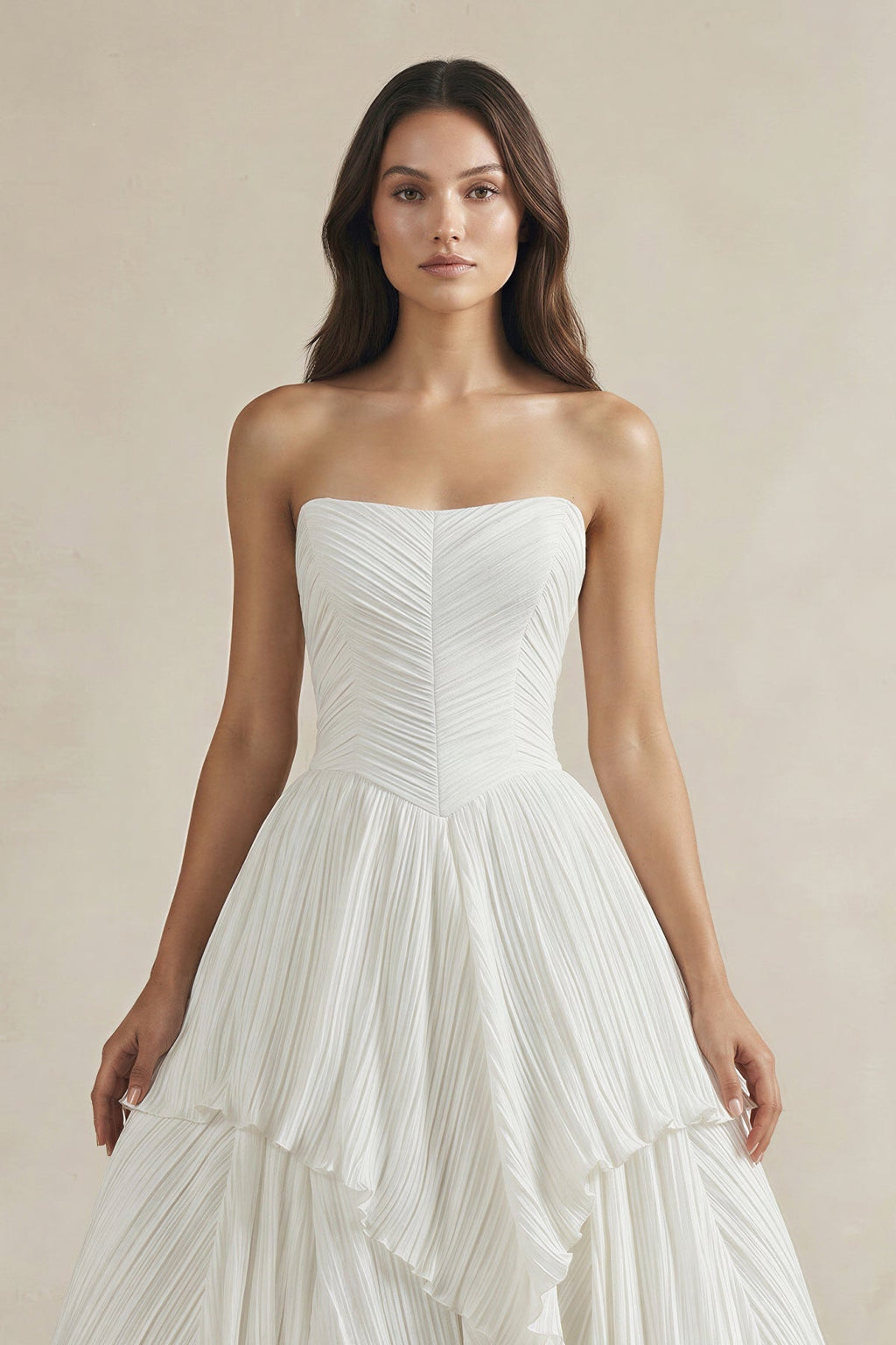 Pleated A-Line Ruffled Strapless Wedding Dress in White - Curvevia