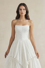 Pleated A-Line Ruffled Strapless Wedding Dress in White - Curvevia