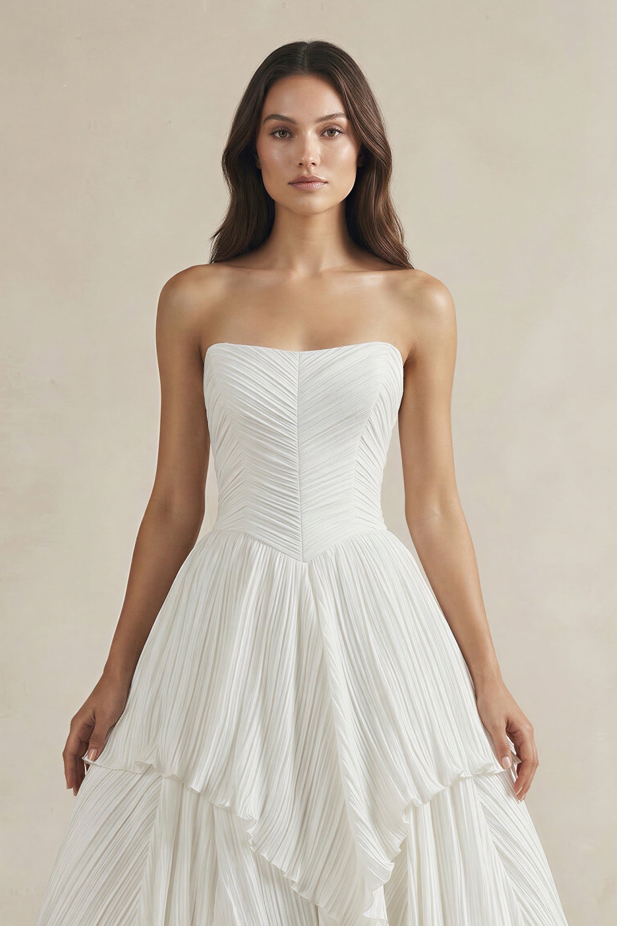 Pleated A-Line Ruffled Strapless Wedding Dress in White - Curvevia