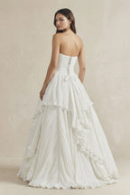 Pleated A-Line Ruffled Strapless Wedding Dress in White - Curvevia