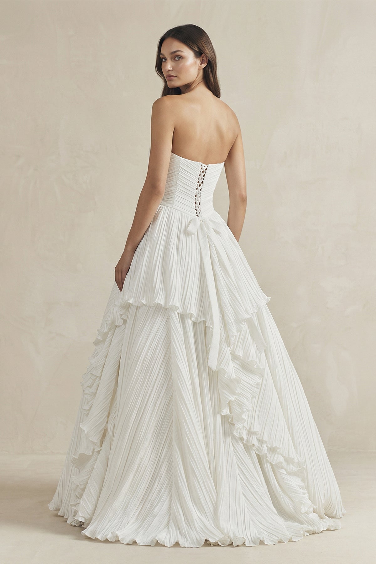 Pleated A-Line Ruffled Strapless Wedding Dress in White - Curvevia