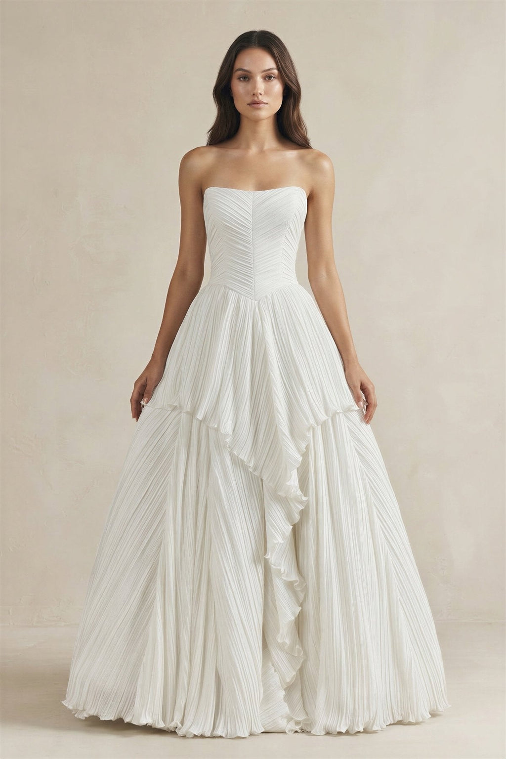 Pleated A-Line Ruffled Strapless Wedding Dress in White - Curvevia