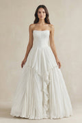 Pleated A-Line Ruffled Strapless Wedding Dress in White - Curvevia