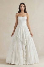Pleated A-Line Ruffled Strapless Wedding Dress in White - Curvevia