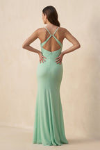 Cami Strap Sheath Chiffon Bridesmaid Dress with Slit in Pale Pistachio - Curvevia