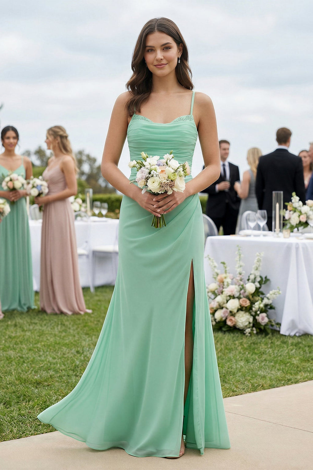 Cami Strap Sheath Chiffon Bridesmaid Dress with Slit in Pale Pistachio - Curvevia