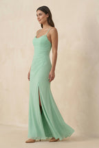 Cami Strap Sheath Chiffon Bridesmaid Dress with Slit in Pale Pistachio - Curvevia
