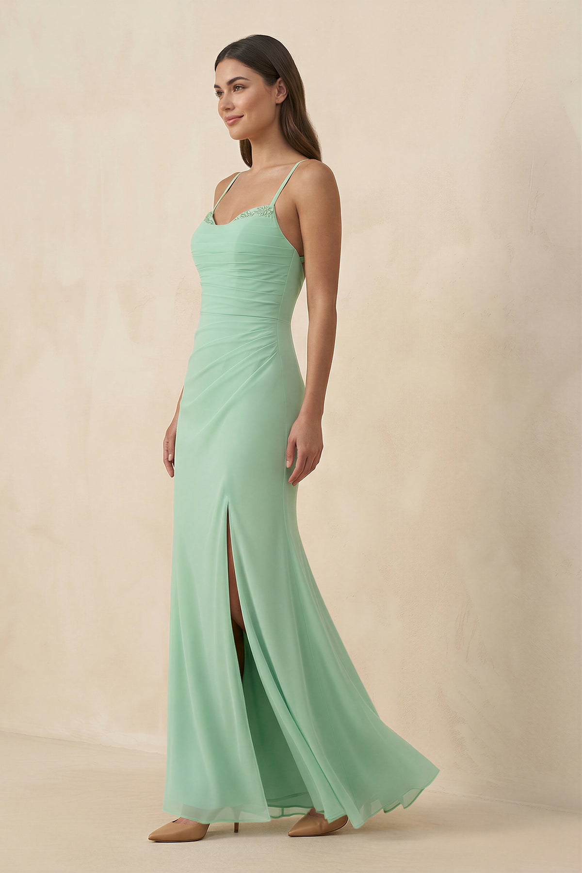 Cami Strap Sheath Chiffon Bridesmaid Dress with Slit in Pale Pistachio - Curvevia