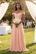 Pleated Off-the-Shoulder A-Line Chiffon Bridesmaid Dress in English Rose - Curvevia