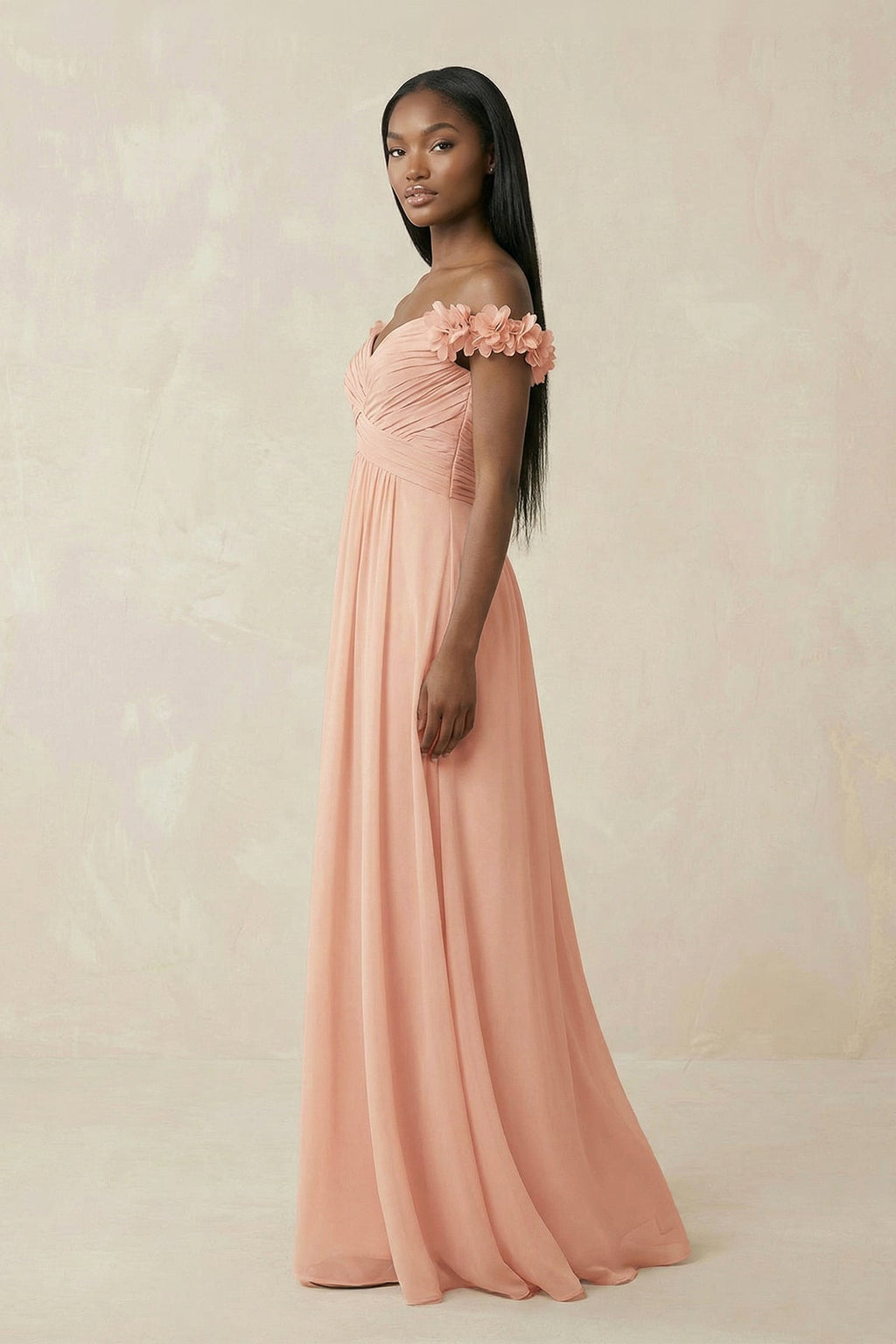 Pleated Off-the-Shoulder A-Line Chiffon Bridesmaid Dress in English Rose - Curvevia