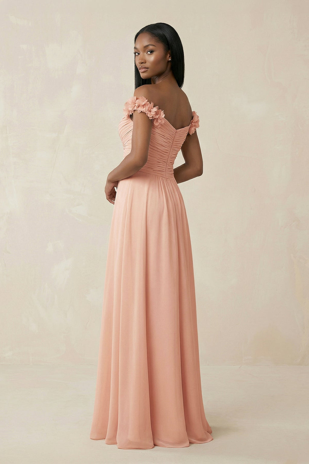 Pleated Off-the-Shoulder A-Line Chiffon Bridesmaid Dress in English Rose - Curvevia
