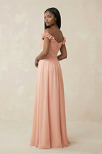 Pleated Off-the-Shoulder A-Line Chiffon Bridesmaid Dress in English Rose - Curvevia