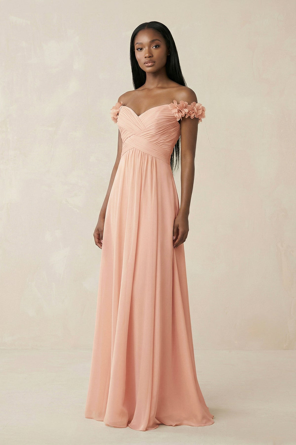 Pleated Off-the-Shoulder A-Line Chiffon Bridesmaid Dress in English Rose - Curvevia
