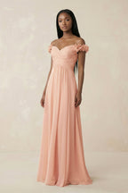 Pleated Off-the-Shoulder A-Line Chiffon Bridesmaid Dress in English Rose - Curvevia