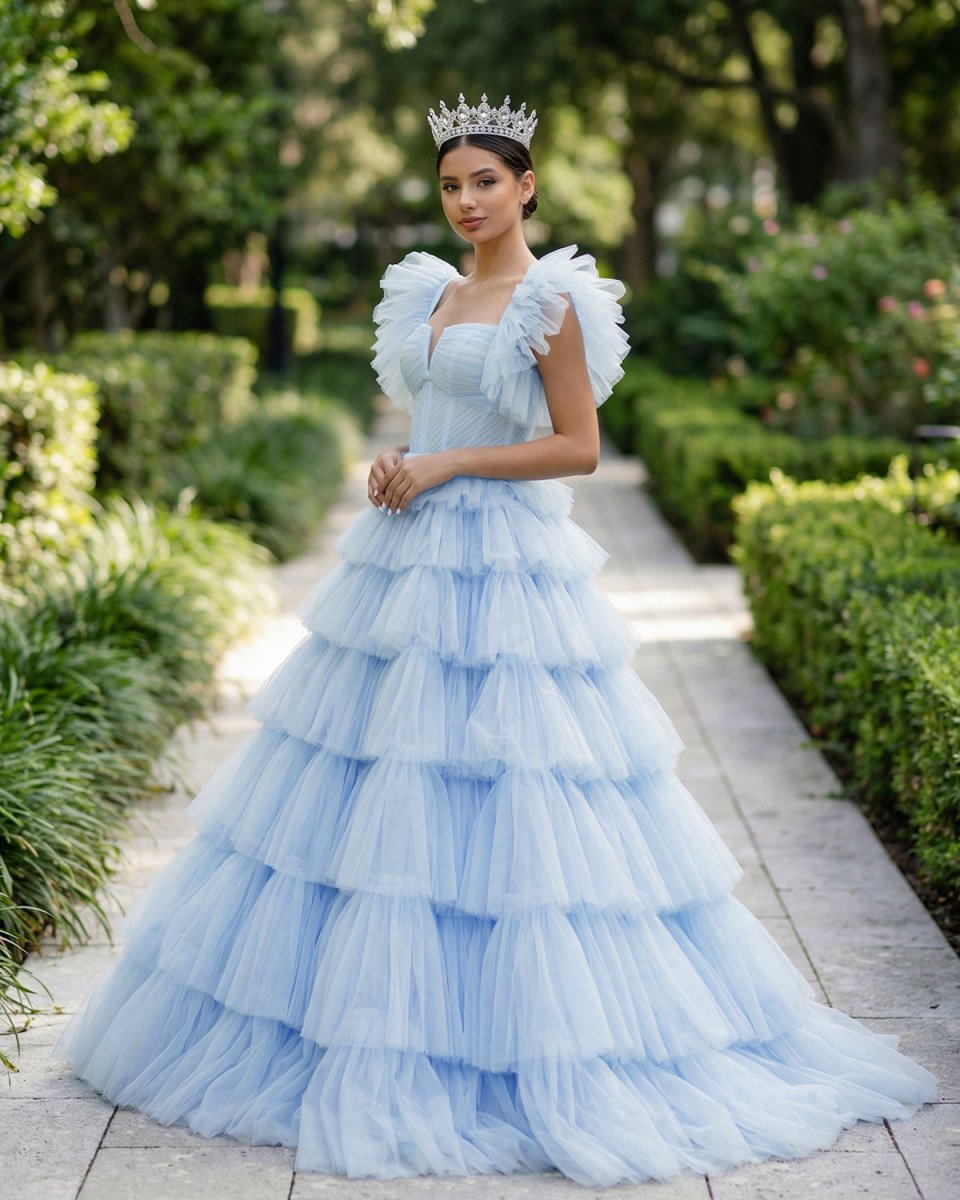 Pleated Tulle Ball Gown Ruffle Tiered Long Quinceanera Dresses - Curvevia