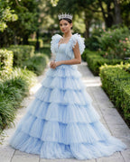 Pleated Tulle Ball Gown Ruffle Tiered Long Quinceanera Dresses - Curvevia