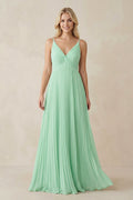 Pleated V-Neck A-Line Chiffon Bridesmaid Dress in Pale Pistachio - Curvevia