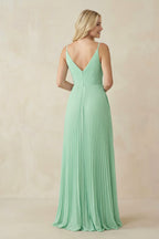 Pleated V-Neck A-Line Chiffon Bridesmaid Dress in Pale Pistachio - Curvevia