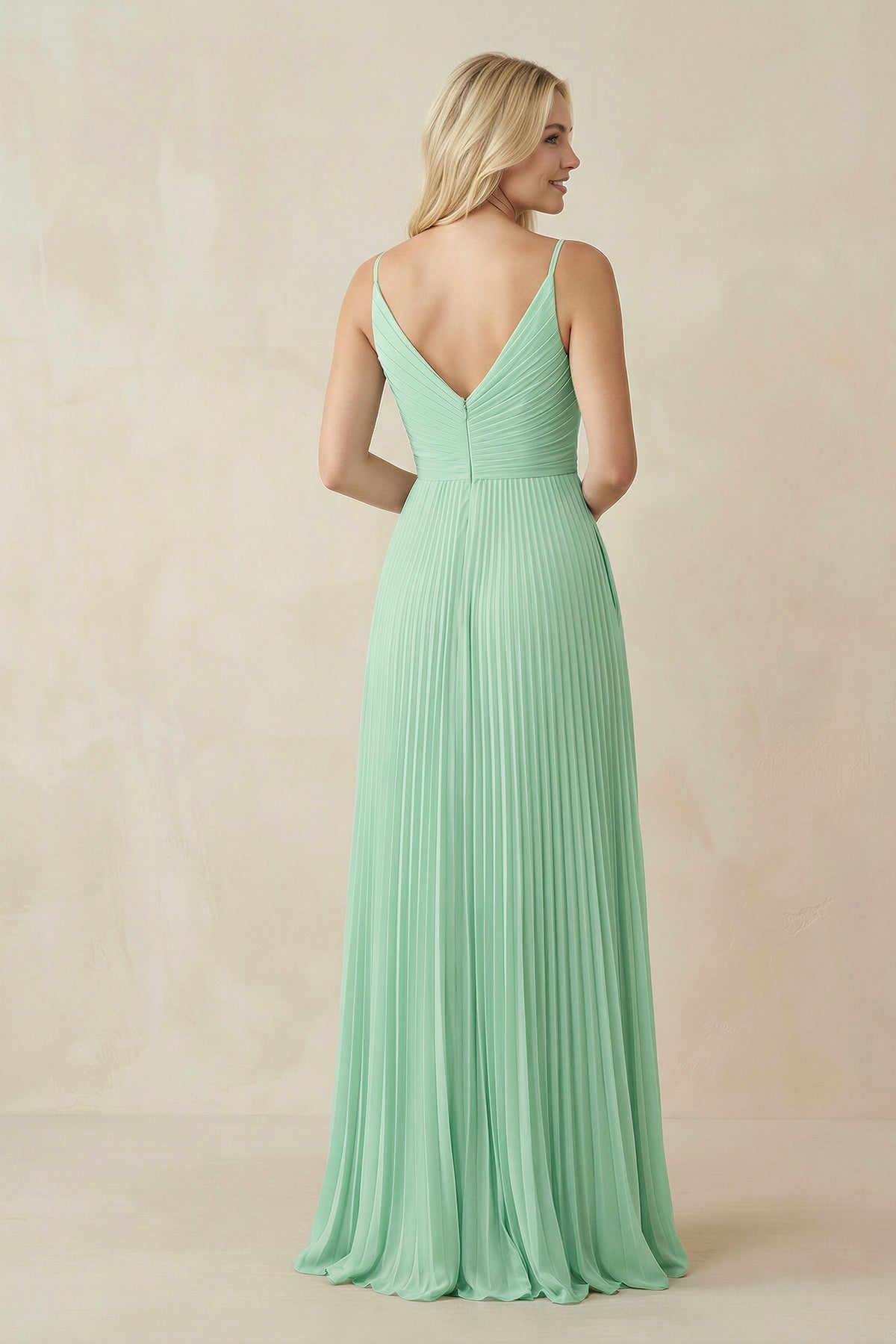 Pleated V-Neck A-Line Chiffon Bridesmaid Dress in Pale Pistachio - Curvevia