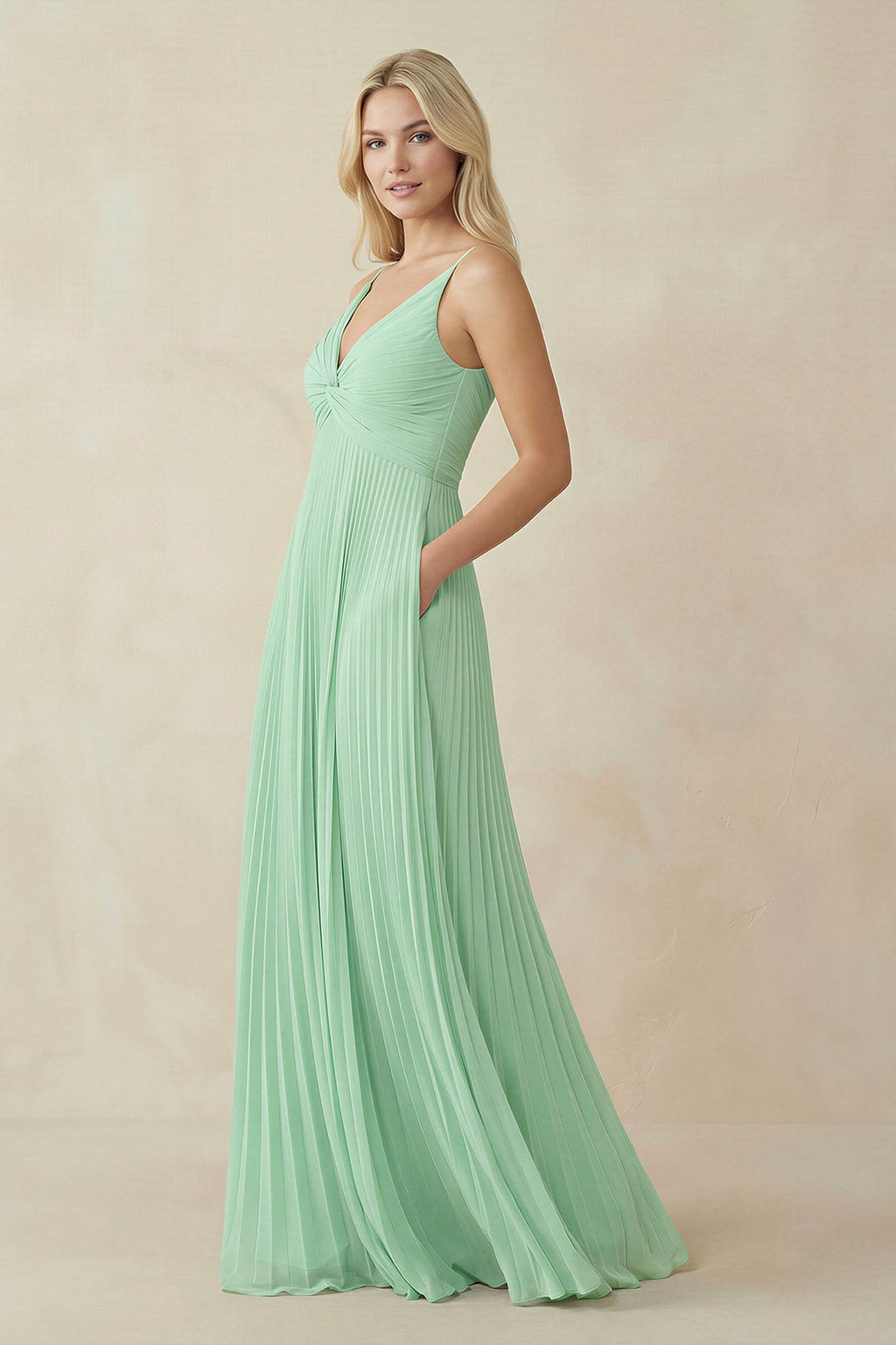 Pleated V-Neck A-Line Chiffon Bridesmaid Dress in Pale Pistachio - Curvevia