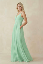 Pleated V-Neck A-Line Chiffon Bridesmaid Dress in Pale Pistachio - Curvevia