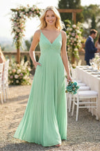 Pleated V-Neck A-Line Chiffon Bridesmaid Dress in Pale Pistachio - Curvevia