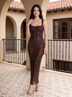 Mocha Rhinestone Mesh Sheath Square Neck Backless Floor-Length Dress - Curvevia