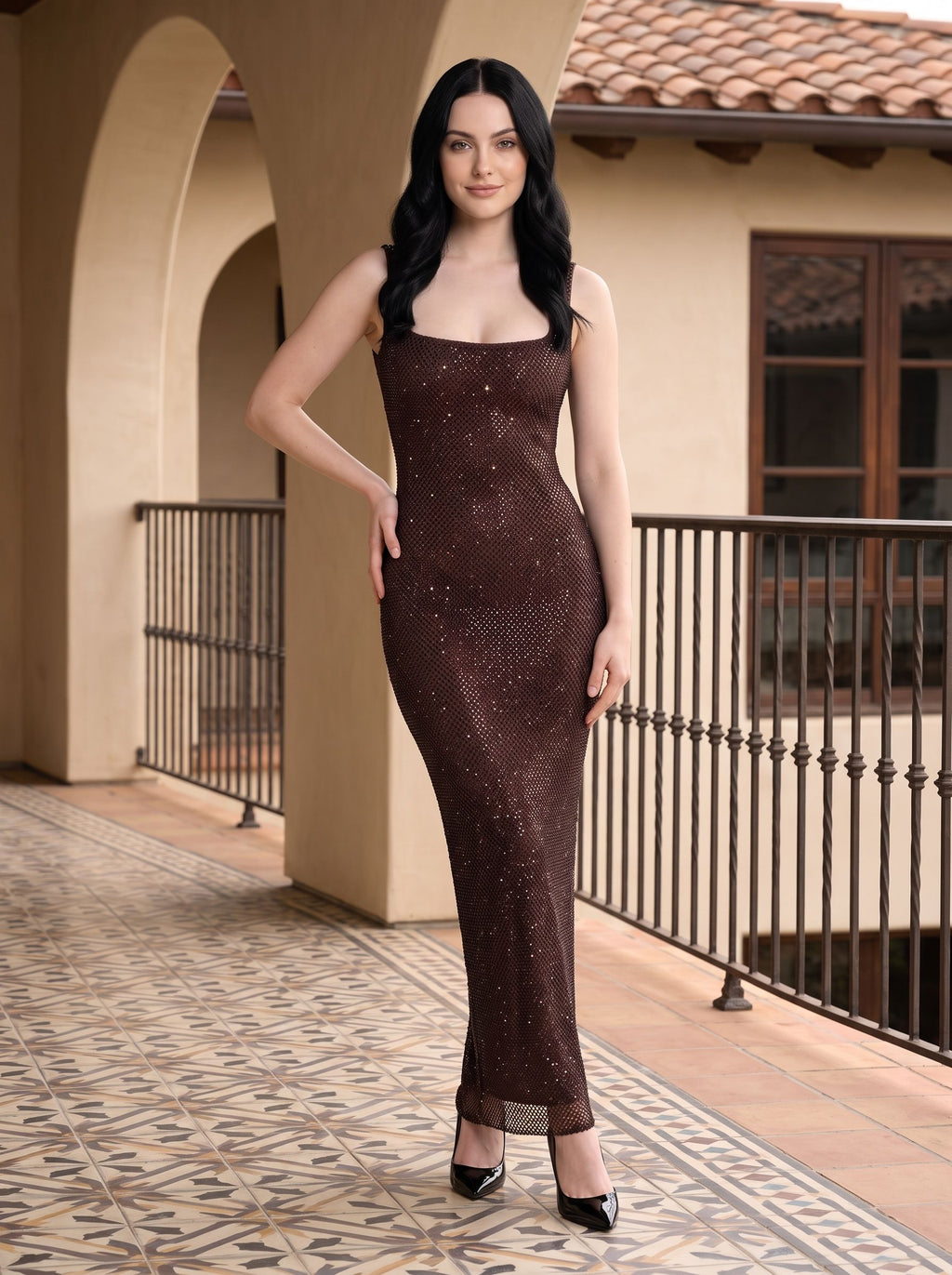 Mocha Rhinestone Mesh Sheath Square Neck Backless Floor-Length Dress - Curvevia