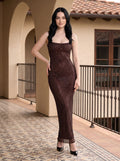 Mocha Rhinestone Mesh Sheath Square Neck Backless Floor-Length Dress - Curvevia