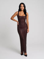 Mocha Rhinestone Mesh Sheath Square Neck Backless Floor-Length Dress - Curvevia