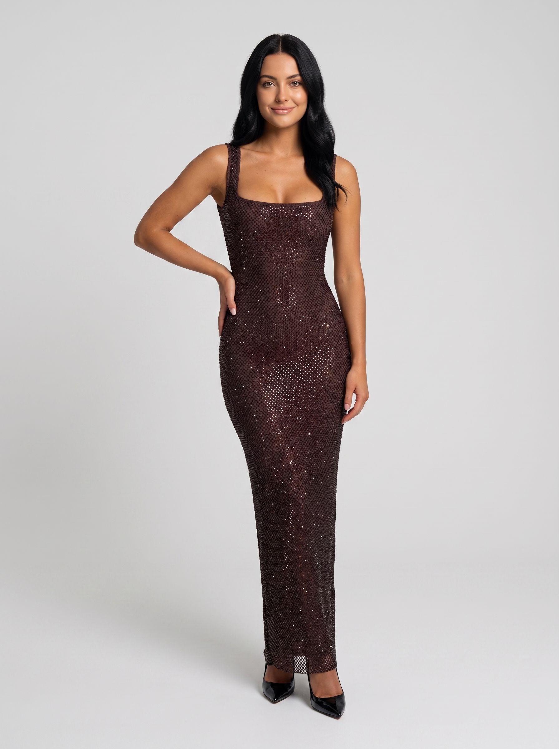 Mocha Rhinestone Mesh Sheath Square Neck Backless Floor-Length Dress - Curvevia