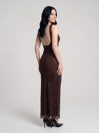 Mocha Rhinestone Mesh Sheath Square Neck Backless Floor-Length Dress - Curvevia