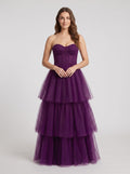 Plum Tulle A-Line Sweetheart Corset Back Floor-Length Dress with Tiered Skirt - Curvevia