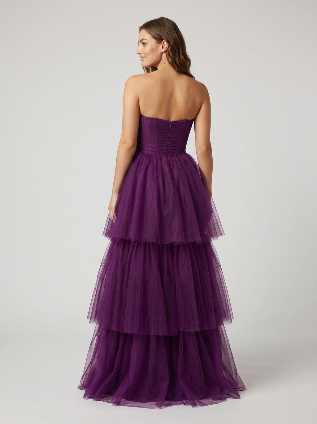 Plum Tulle A-Line Sweetheart Corset Back Floor-Length Dress with Tiered Skirt - Curvevia
